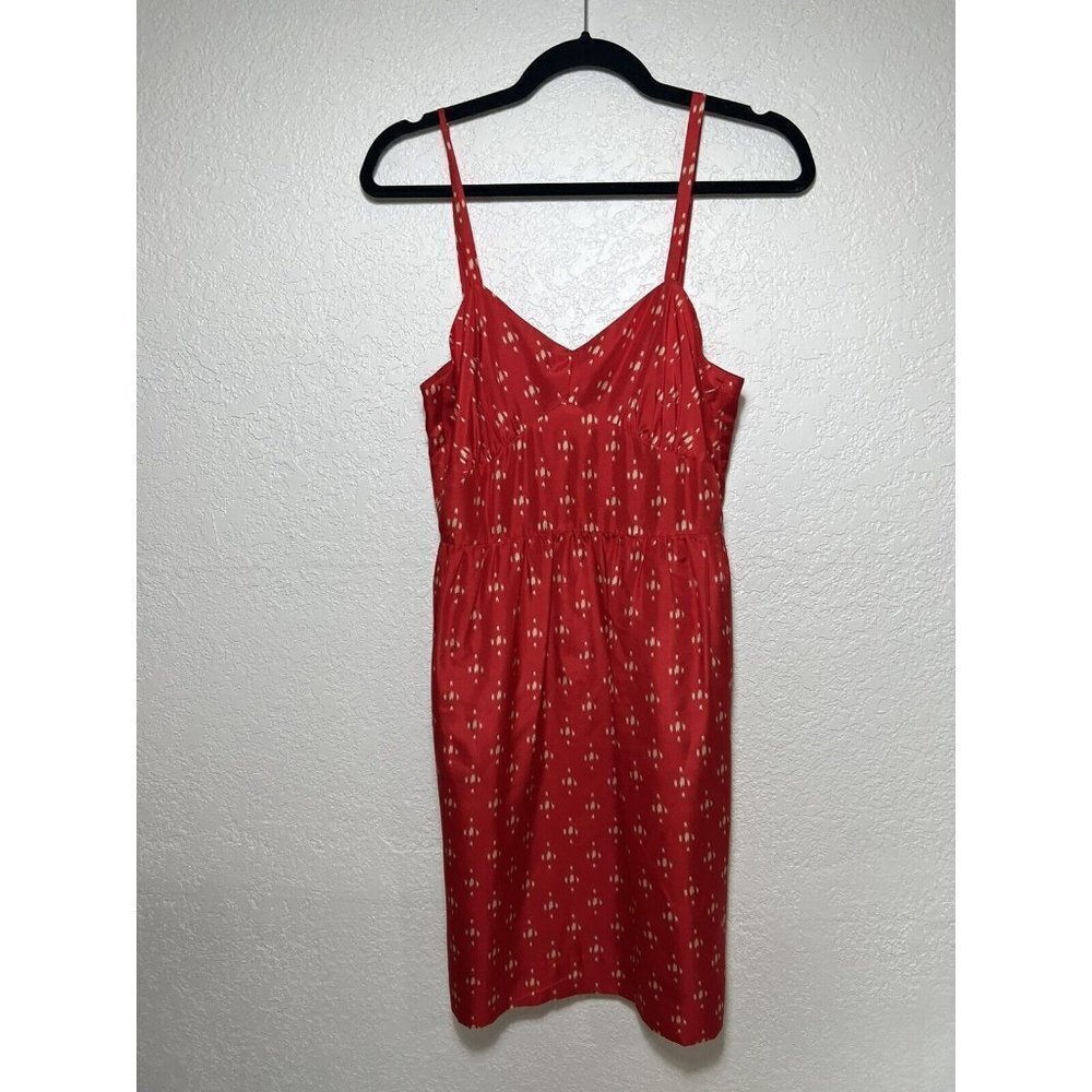 J Crew Womens 100% Silk Midi Dress Red Cream Color Pockets Size 6 Lined (M) - Picture 2 of 12